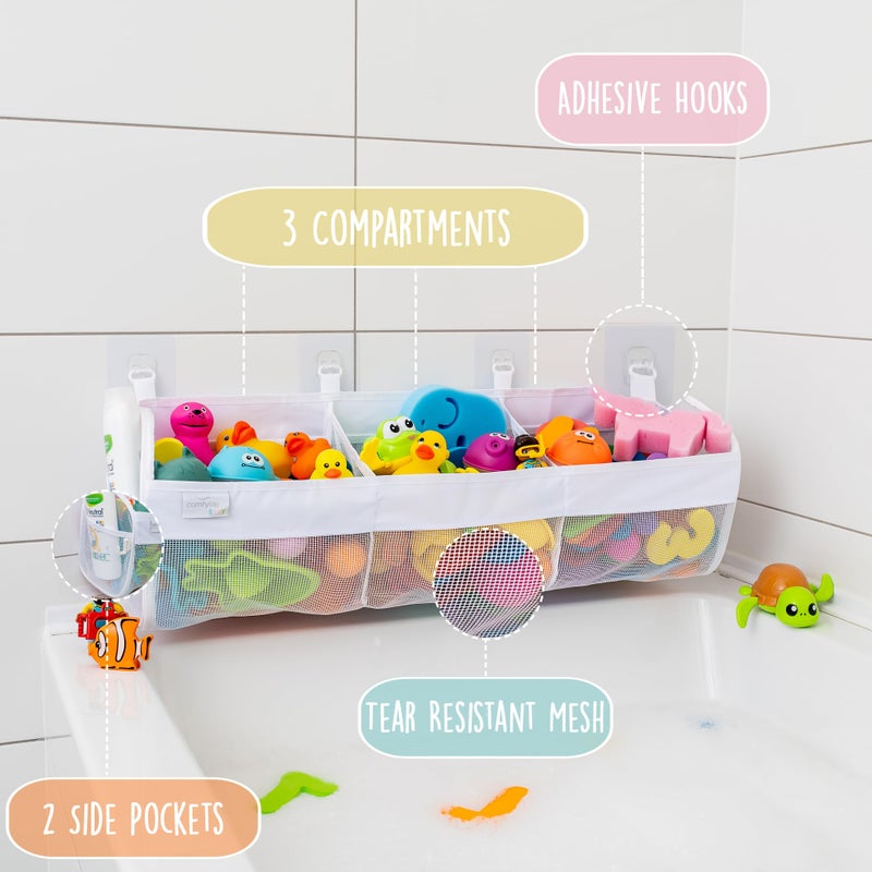 Comfylife Large Bath Toy Organizer - 3 Compartment Bath Toy Holder for Bathtub & Shower - Quick-Dry Mesh with 4 Strong Adhesive Hooks - Kids Toys Storage Net for Bathroom  shower & Tub - Image 4
